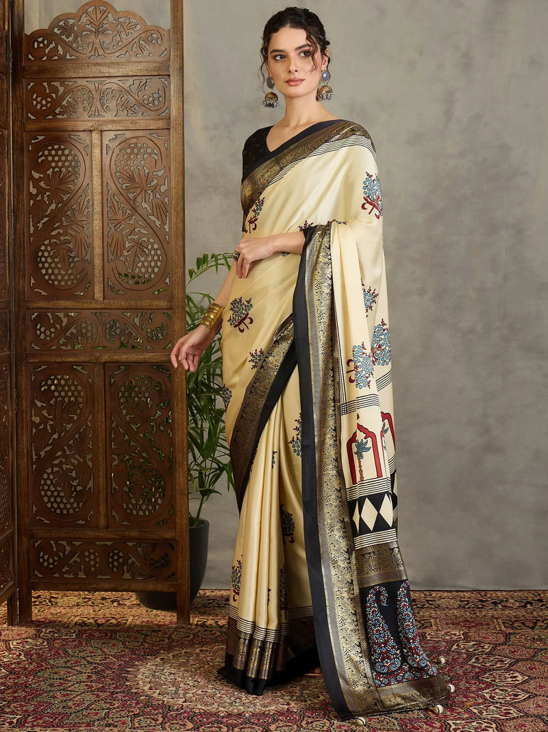 Cream Semi Modal Saree With Blouse Piece - EZBER