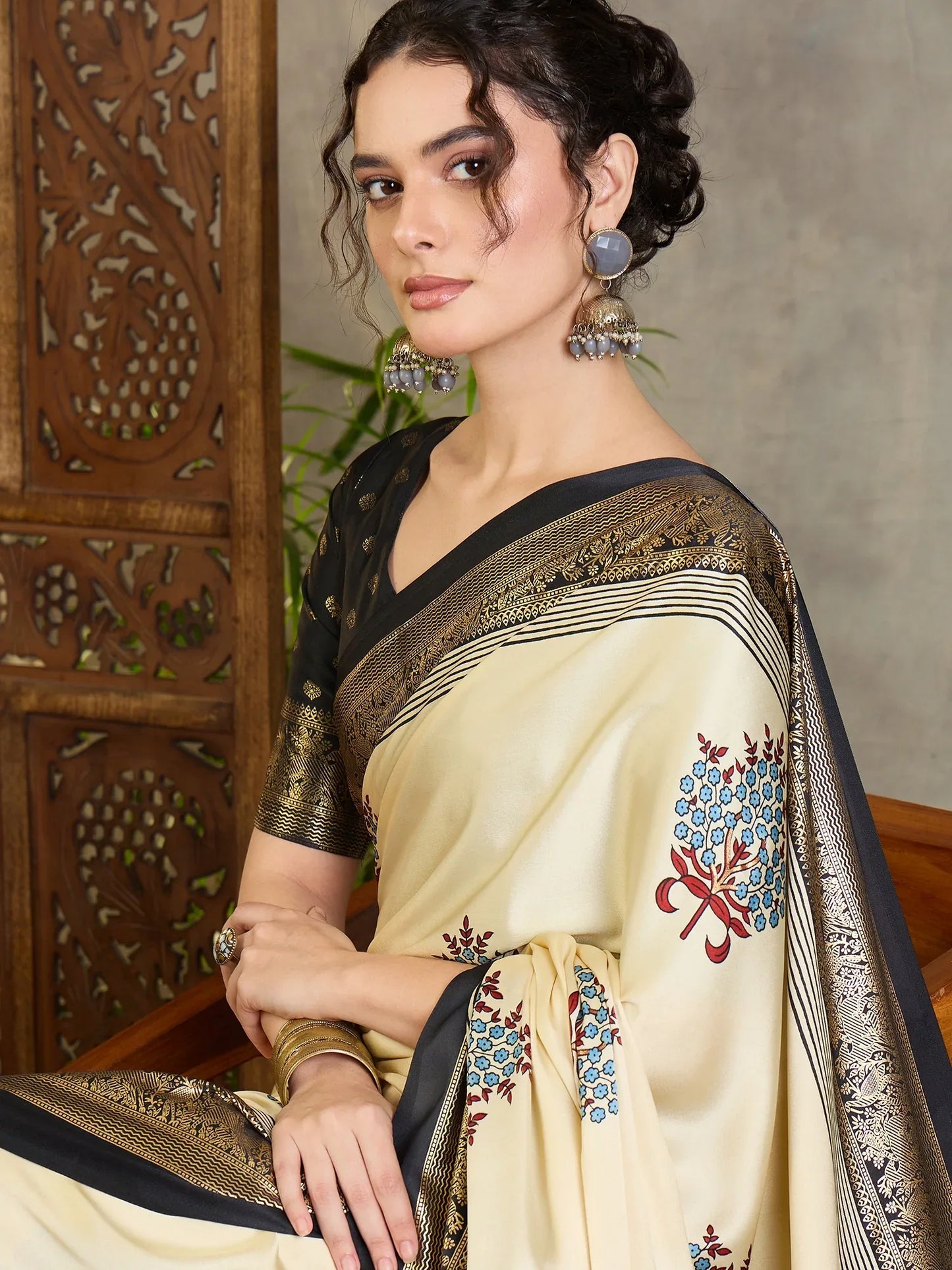 Cream Semi Modal Saree With Blouse Piece - EZBER
