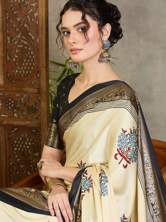 Cream Semi Modal Saree With Blouse Piece - EZBER
