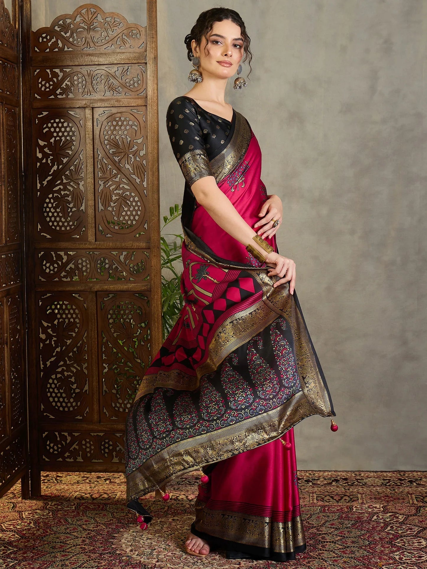 Red Semi Modal Saree With Blouse Piece - EZBER