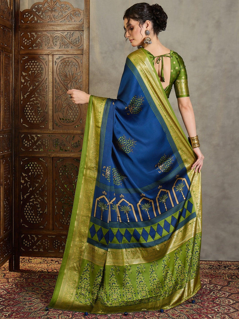 Blue Semi Modal Saree With Blouse Piece - EZBER