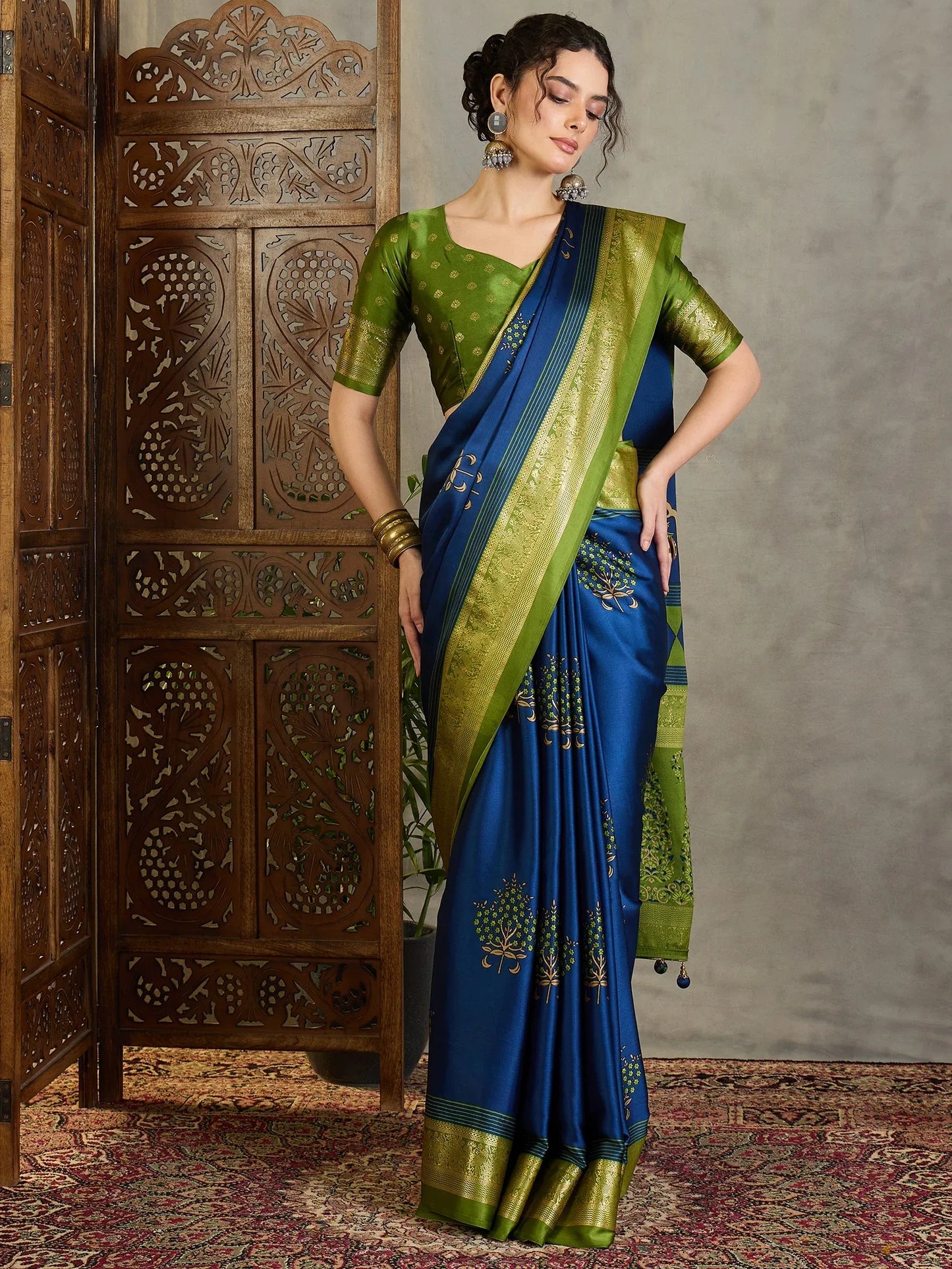 Blue Semi Modal Saree With Blouse Piece - EZBER