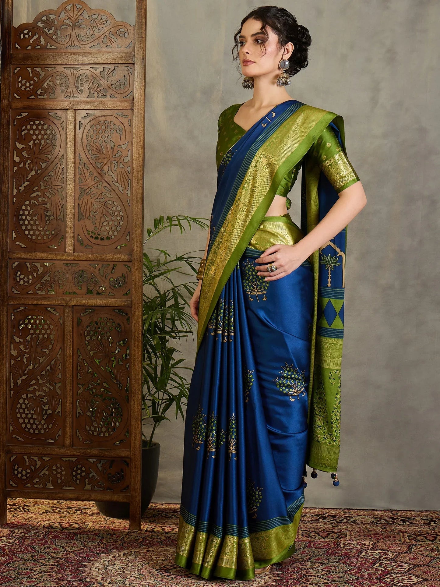 Blue Semi Modal Saree With Blouse Piece - EZBER