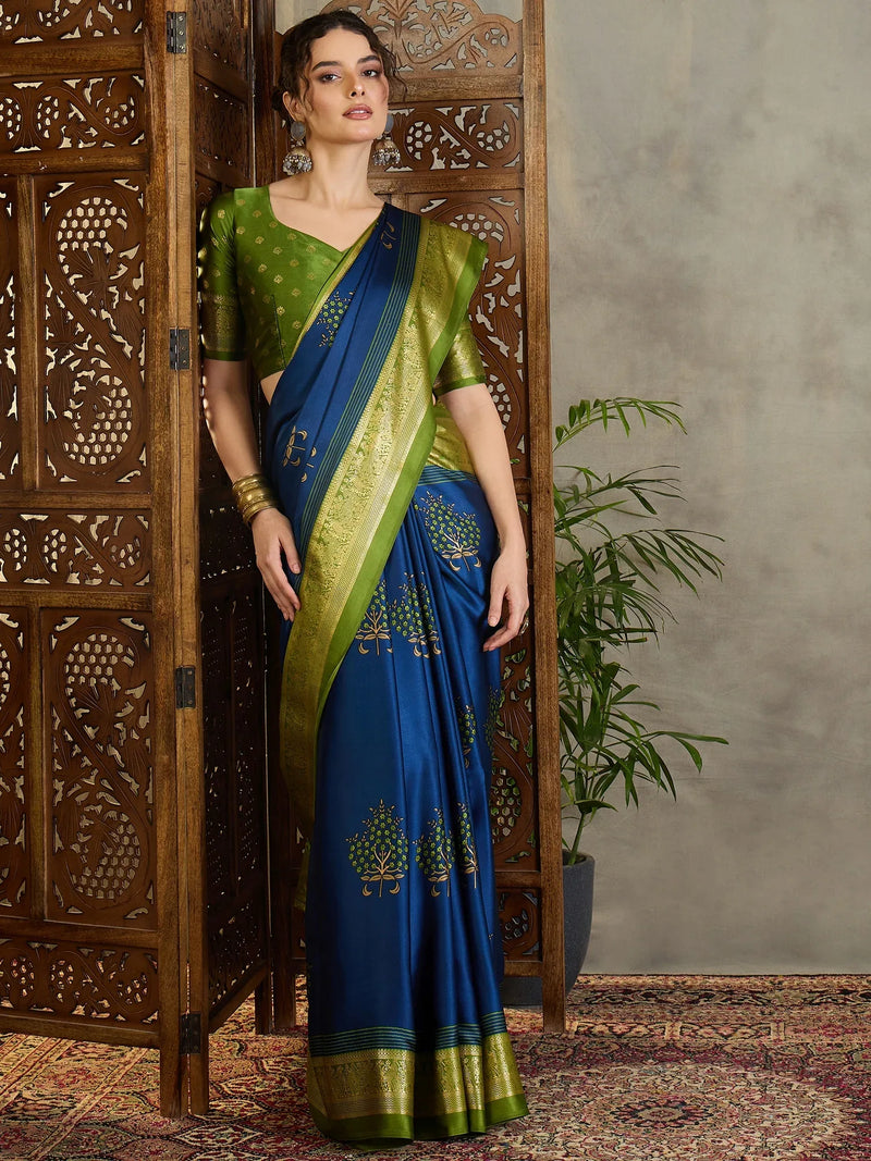Blue Semi Modal Saree With Blouse Piece - EZBER