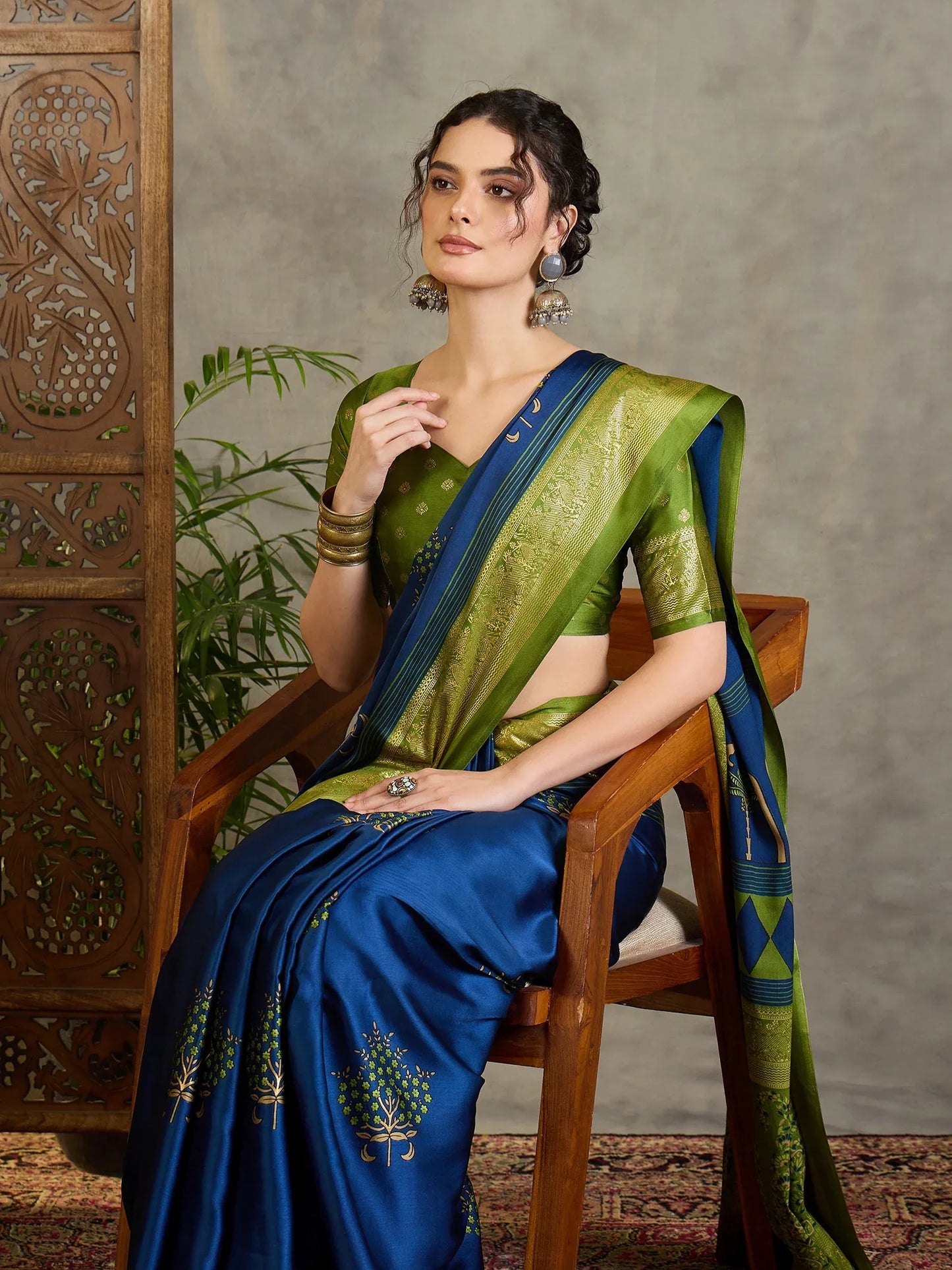 Blue Semi Modal Saree With Blouse Piece - EZBER