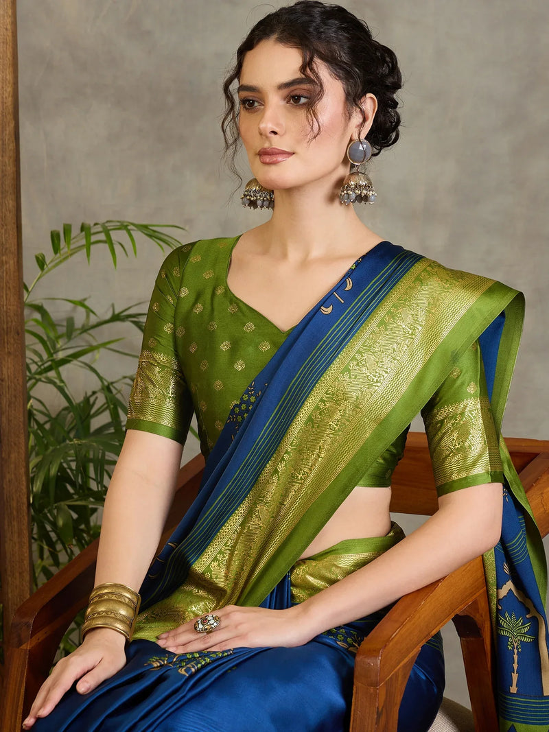 Blue Semi Modal Saree With Blouse Piece - EZBER