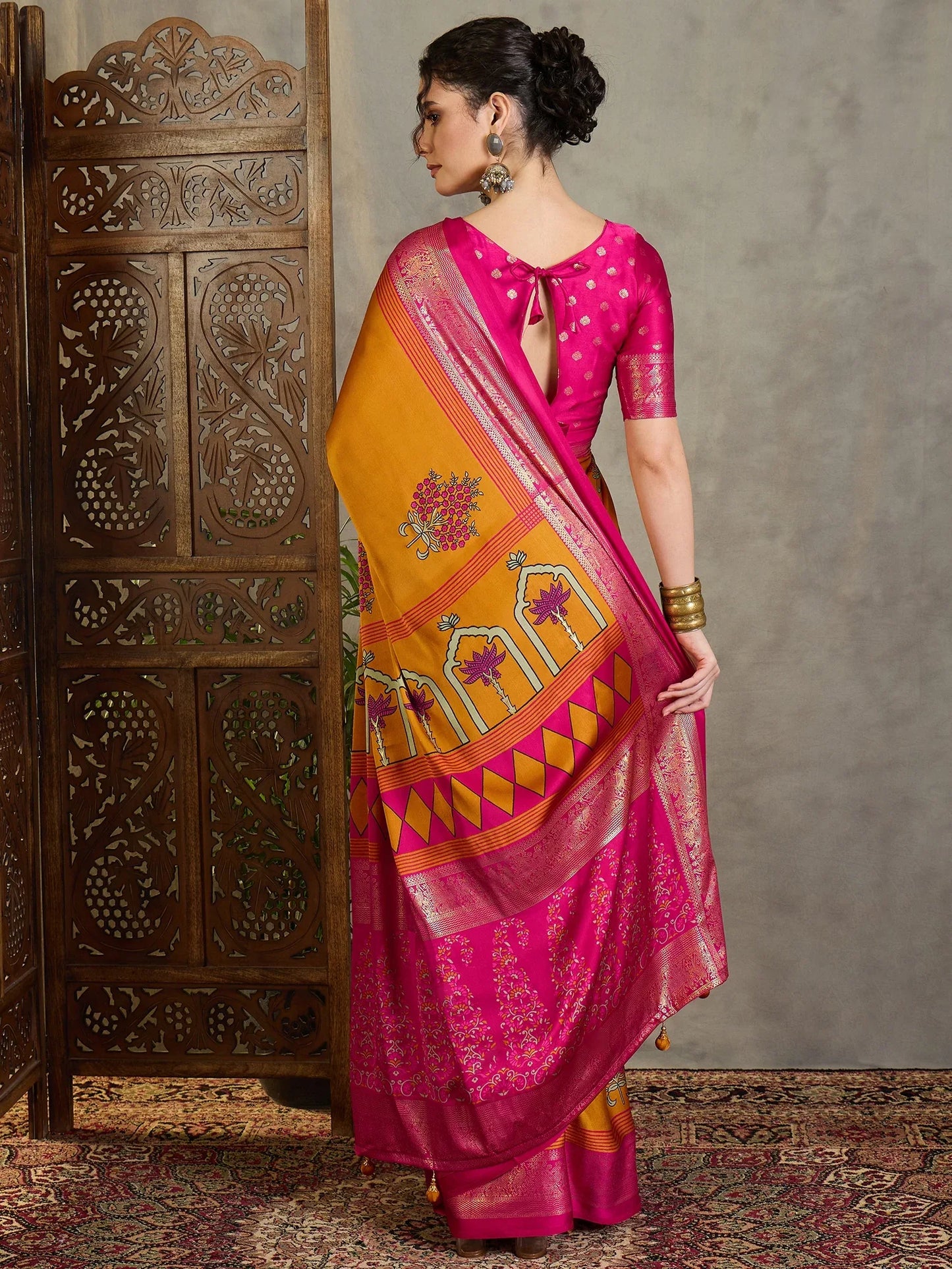 Yellow Semi Modal Saree With Blouse Piece - EZBER
