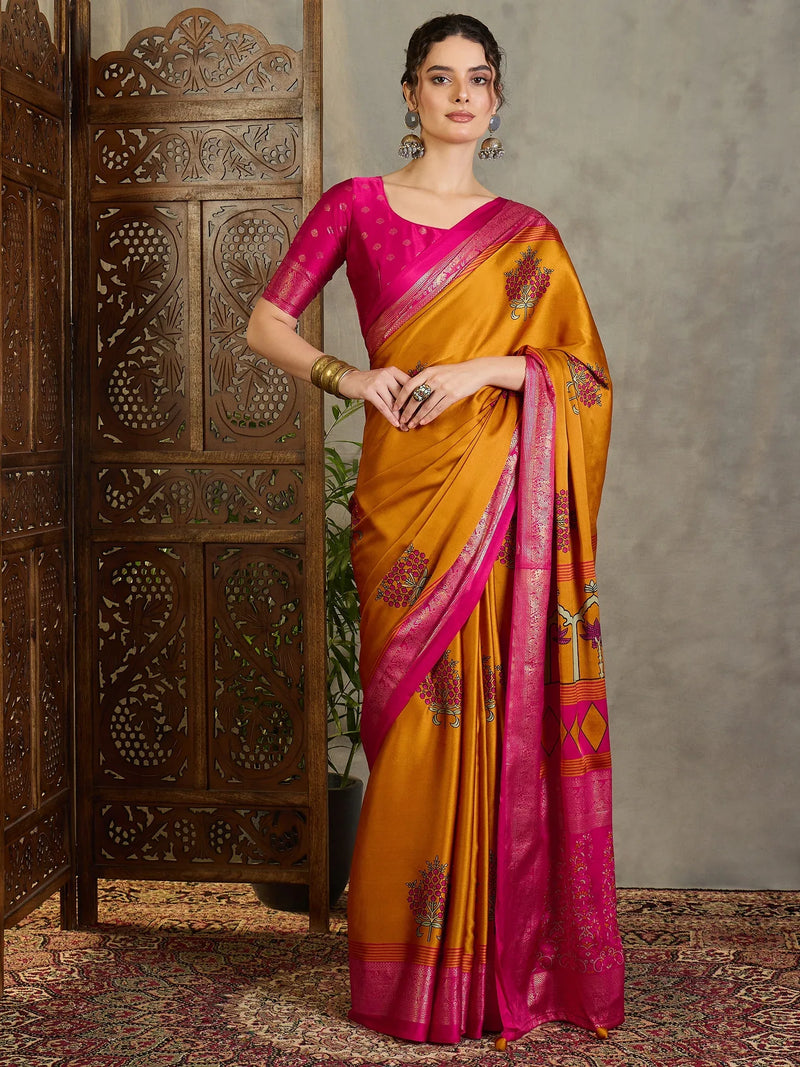 Yellow Semi Modal Saree With Blouse Piece - EZBER