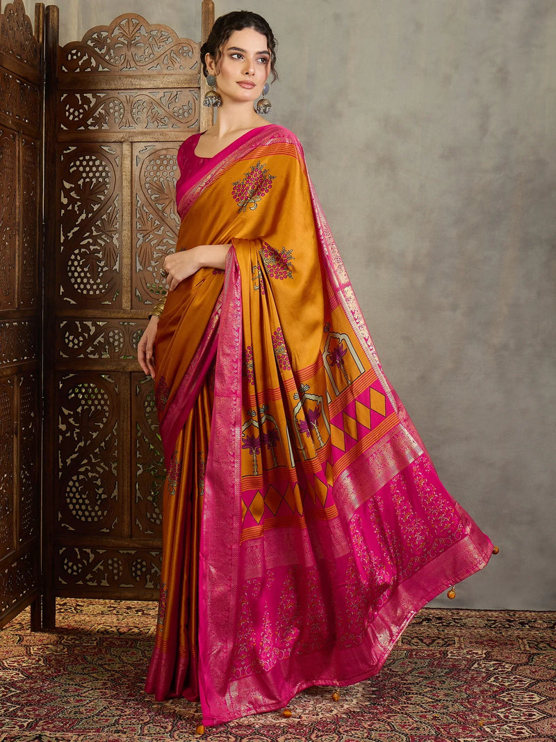 Yellow Semi Modal Saree With Blouse Piece - EZBER