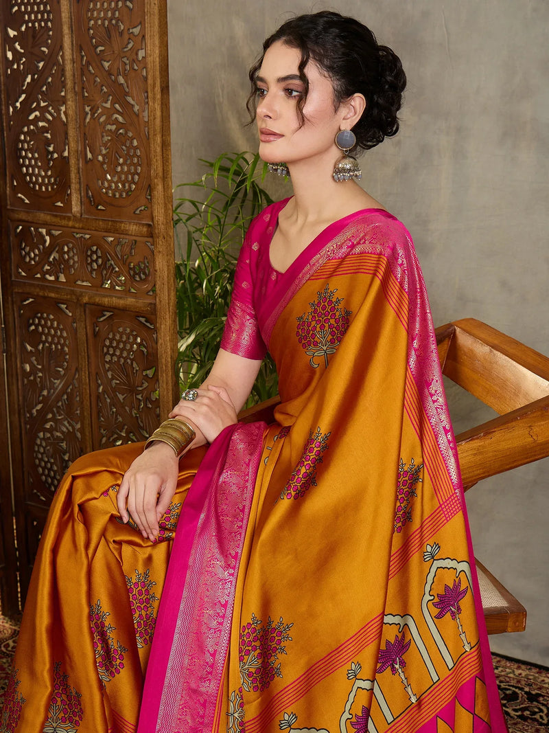 Yellow Semi Modal Saree With Blouse Piece - EZBER