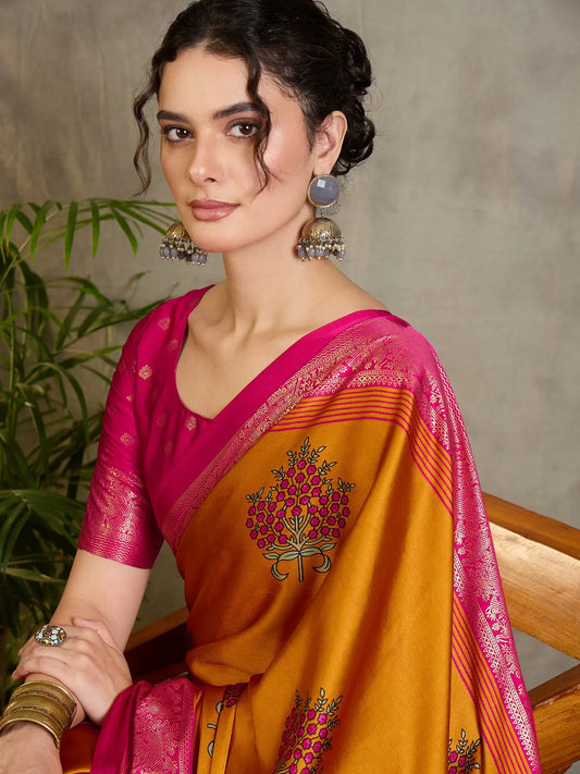 Yellow Semi Modal Saree With Blouse Piece - EZBER