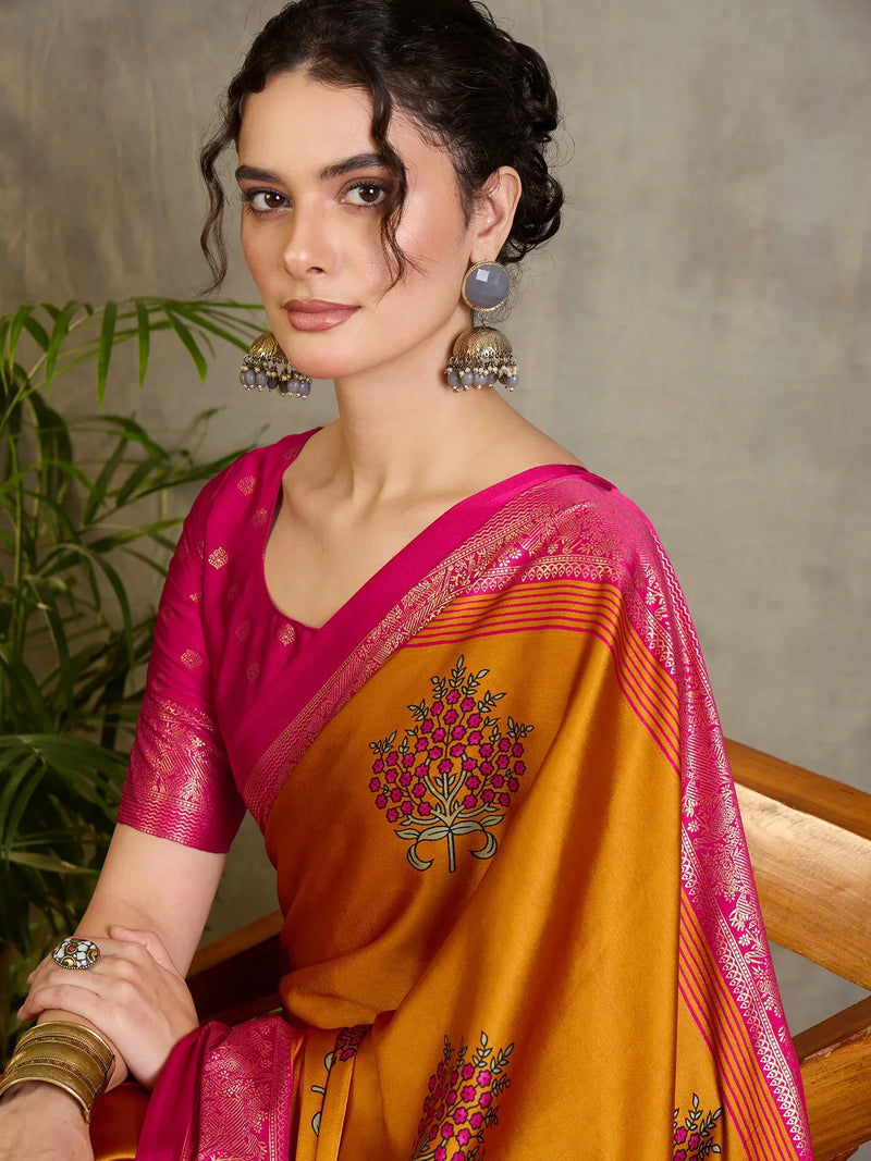 Yellow Semi Modal Saree With Blouse Piece - EZBER