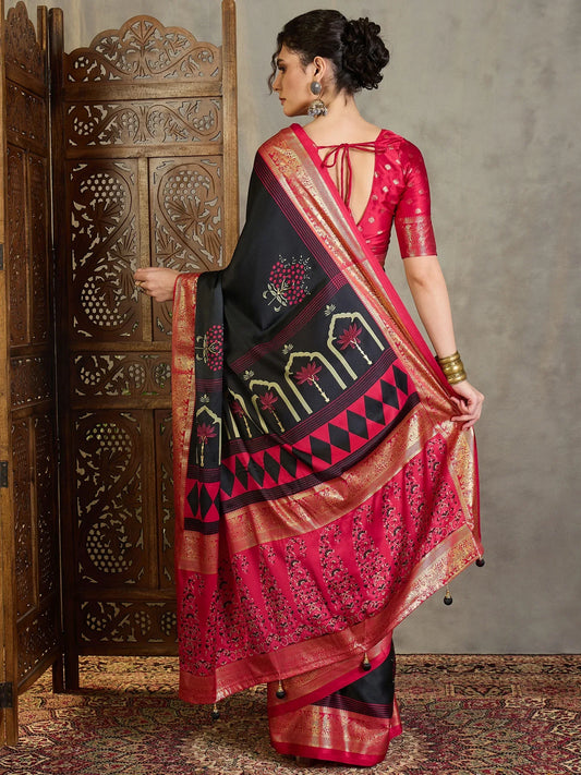 Black Semi Modal Saree With Blouse Piece - EZBER