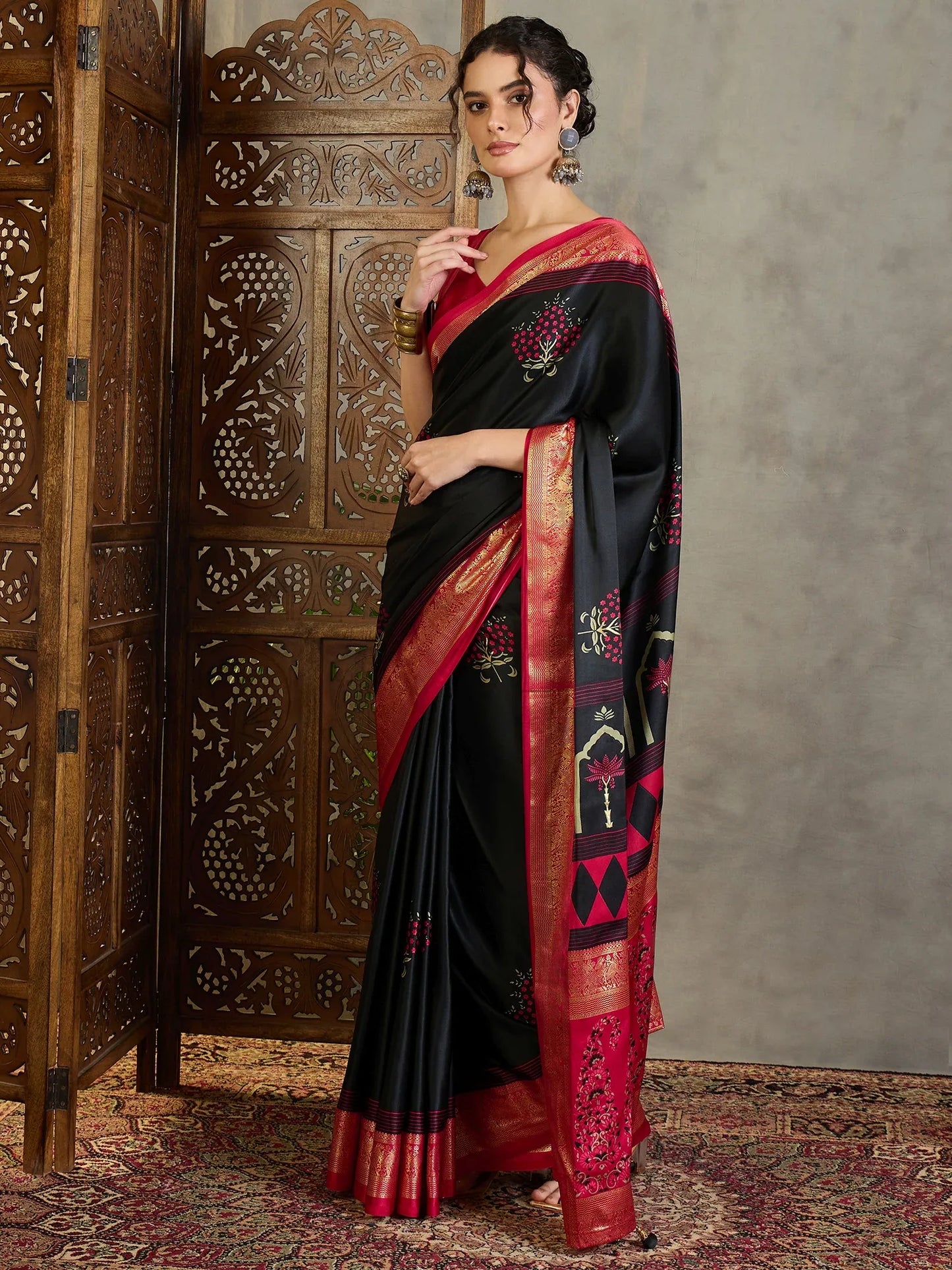 Black Semi Modal Saree With Blouse Piece - EZBER