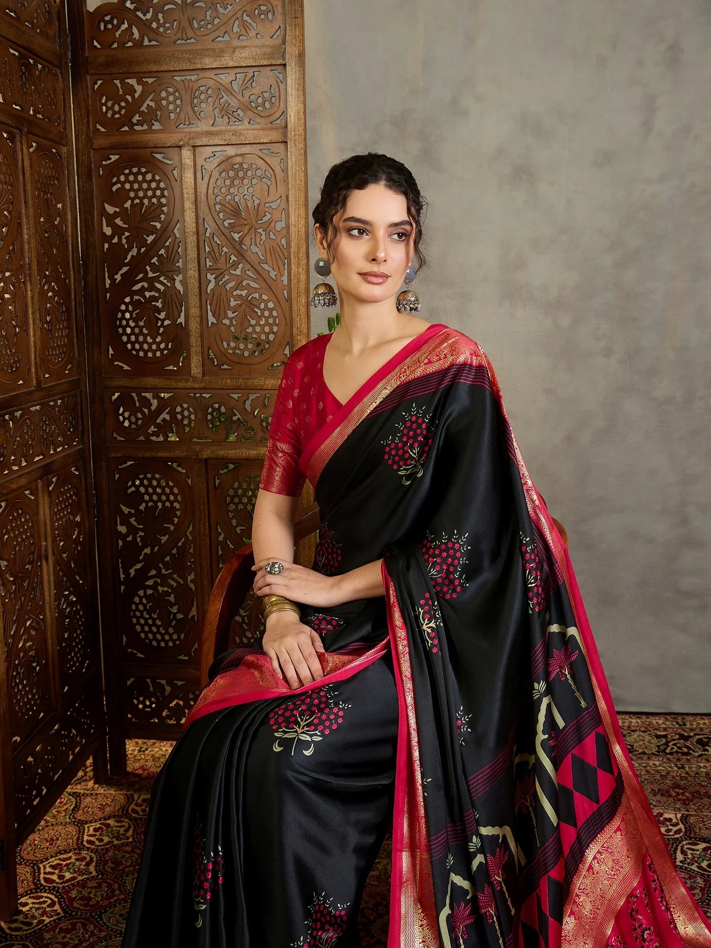 Black Semi Modal Saree With Blouse Piece - EZBER