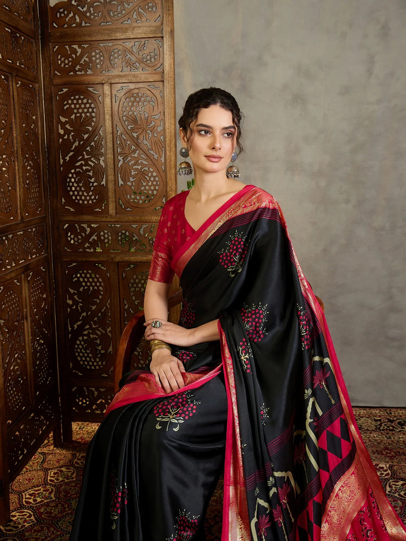 Black Semi Modal Saree With Blouse Piece - EZBER