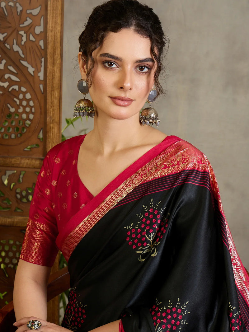 Black Semi Modal Saree With Blouse Piece - EZBER