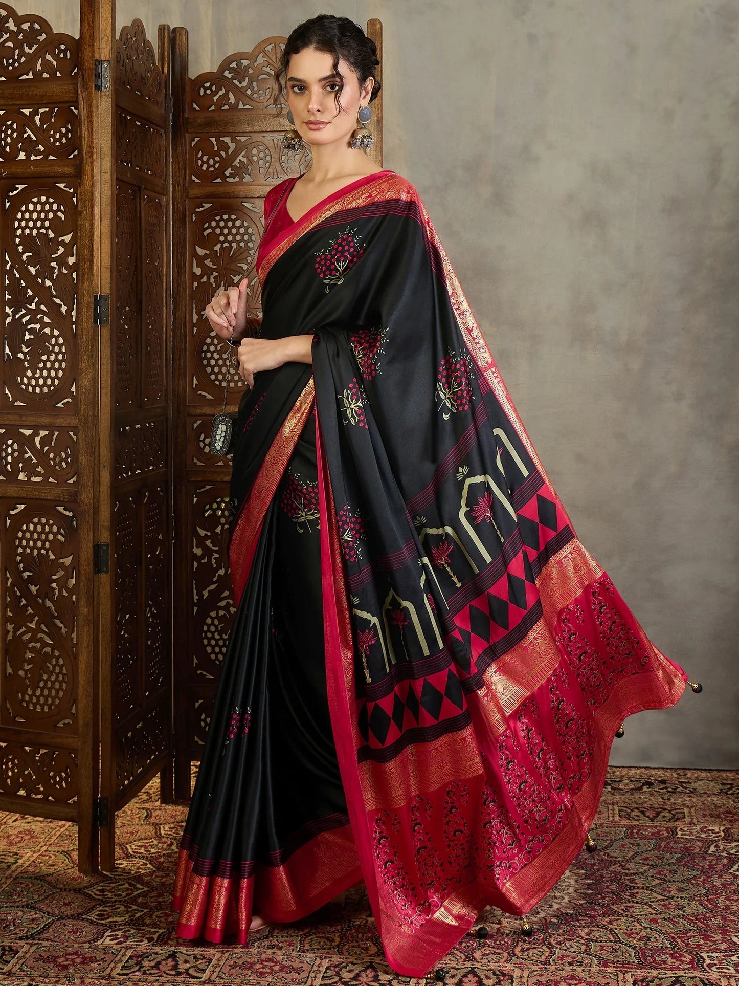 Black Semi Modal Saree With Blouse Piece - EZBER