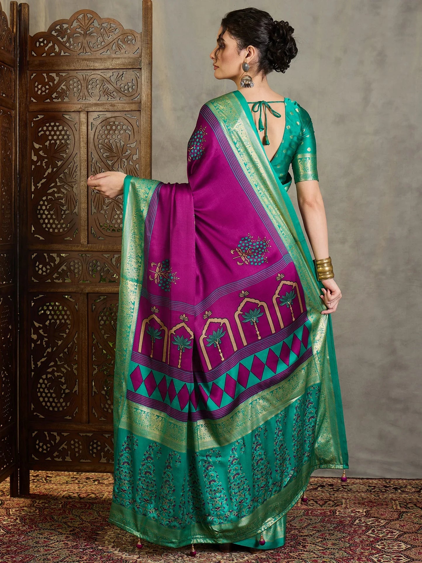 Wine Semi Modal Saree With Blouse Piece - EZBER