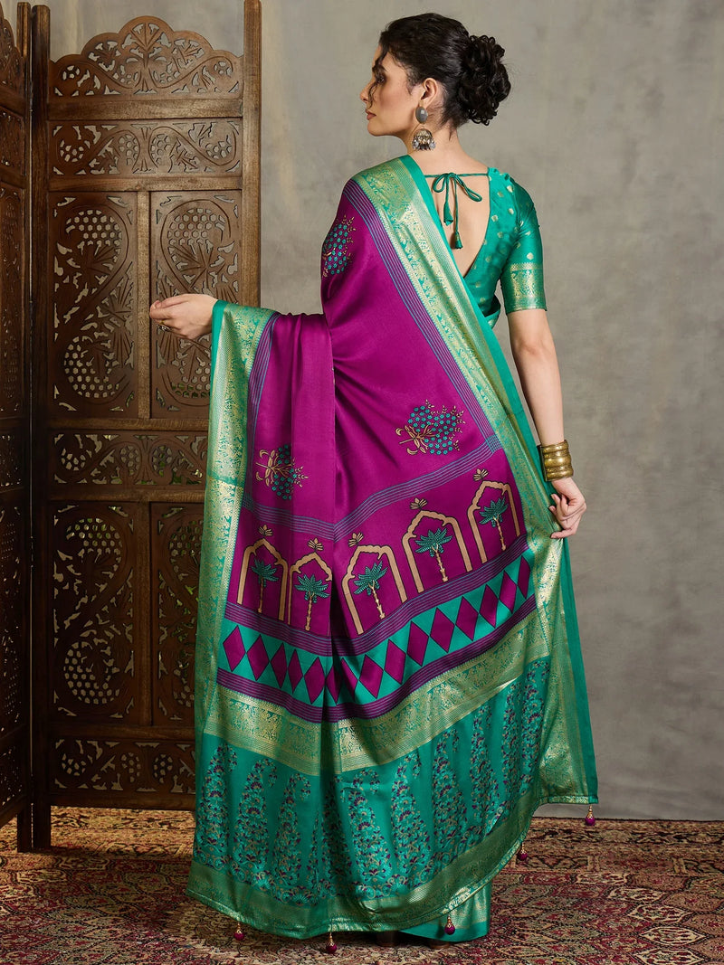 Wine Semi Modal Saree With Blouse Piece - EZBER