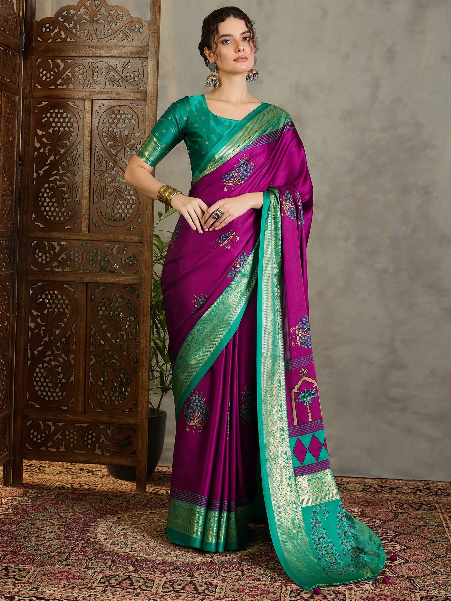 Wine Semi Modal Saree With Blouse Piece - EZBER