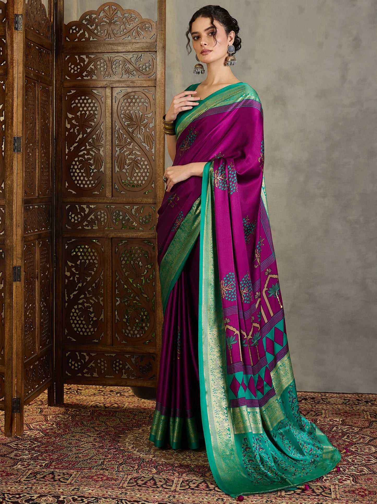Wine Semi Modal Saree With Blouse Piece - EZBER
