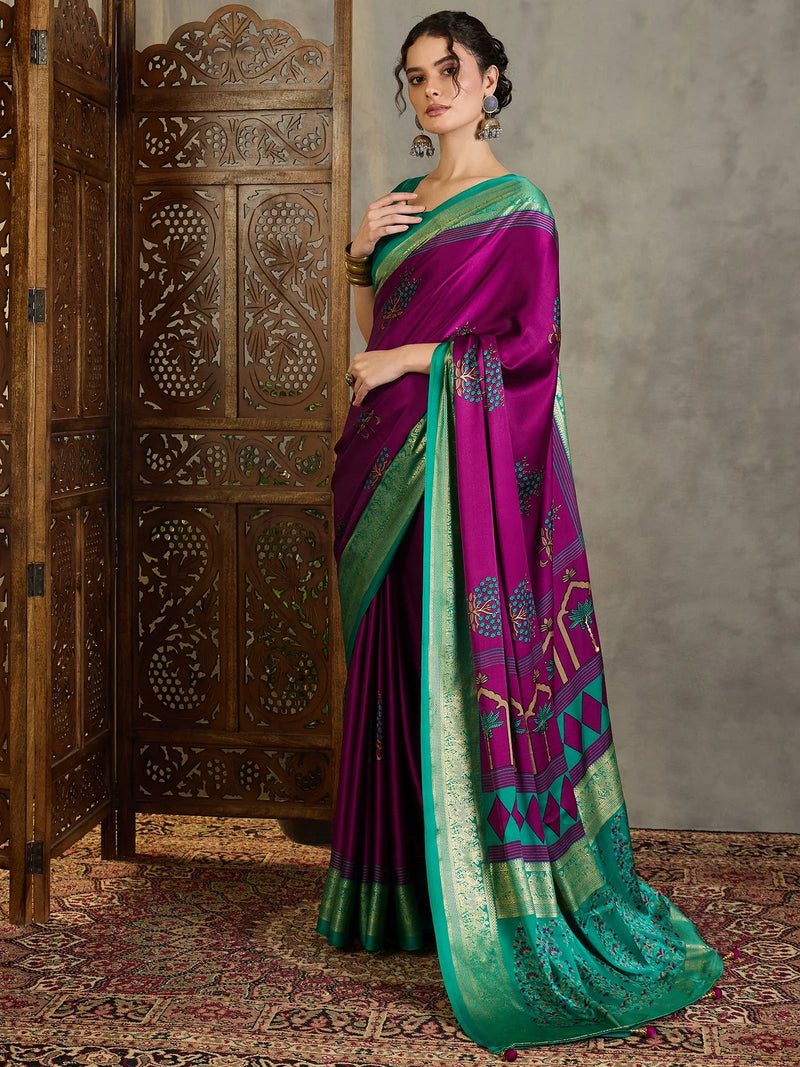 Wine Semi Modal Saree With Blouse Piece - EZBER