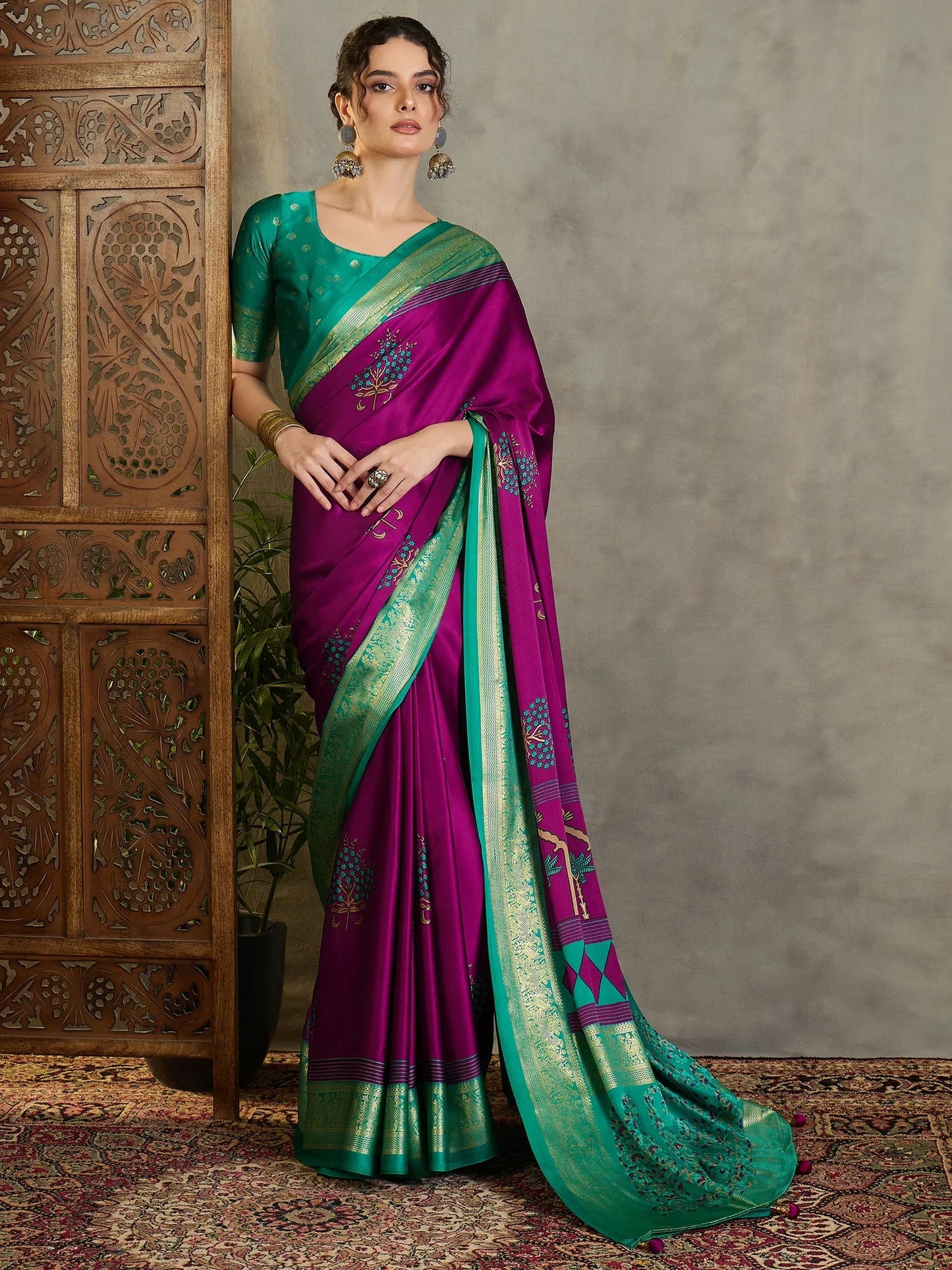Wine Semi Modal Saree With Blouse Piece - EZBER