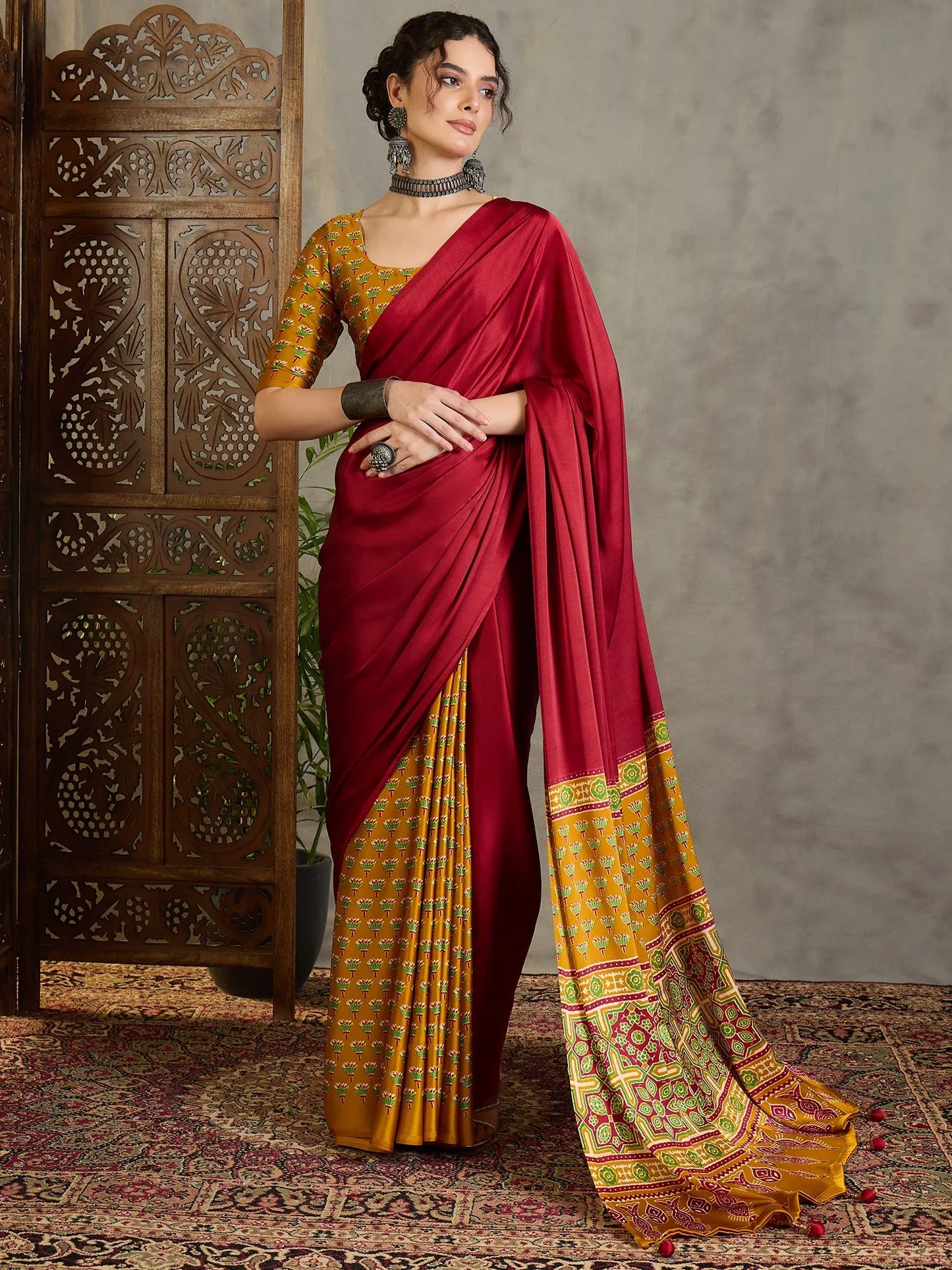 Yellow Semi Modal Saree With Blouse Piece - EZBER