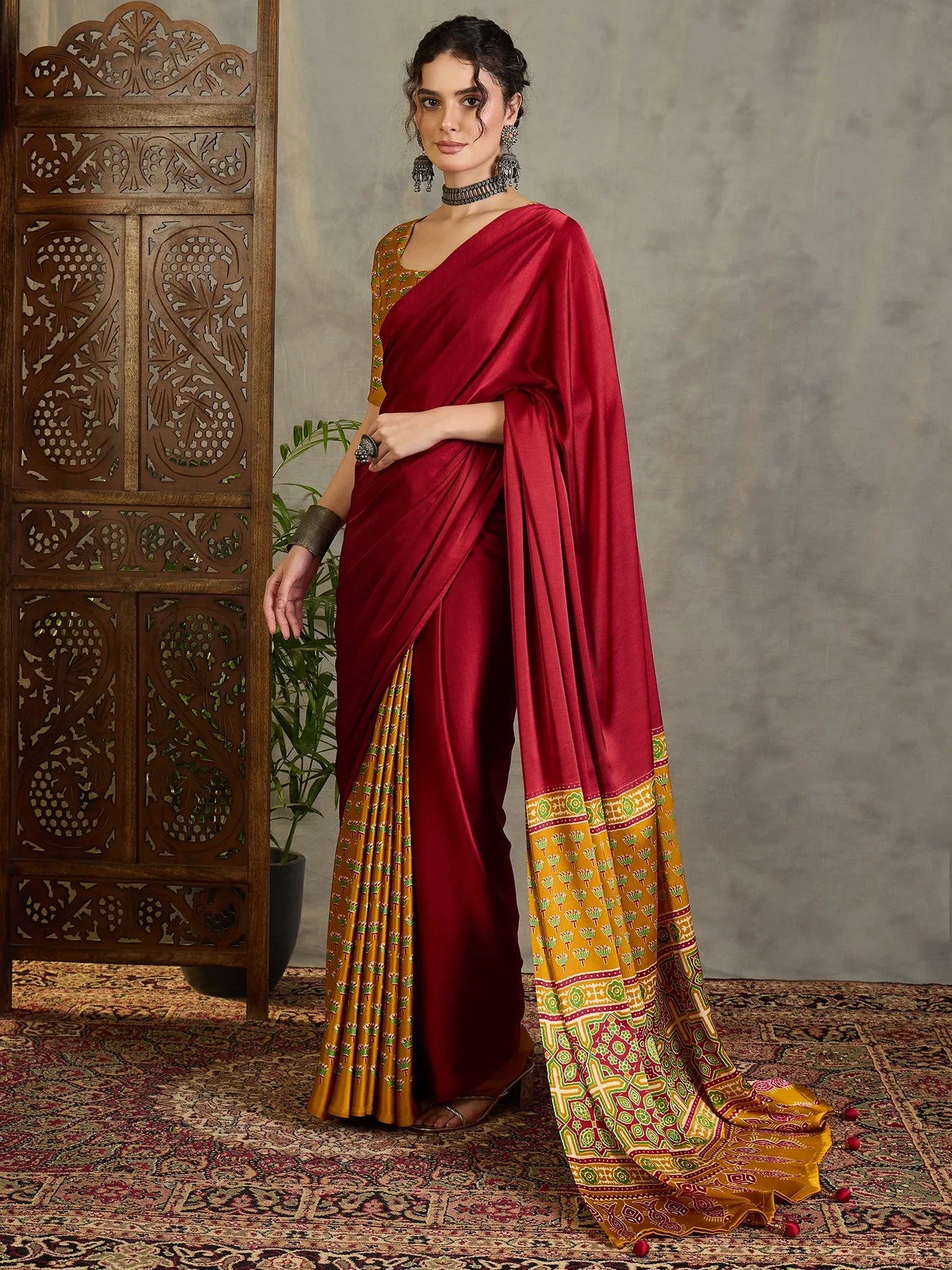 Yellow Semi Modal Saree With Blouse Piece - EZBER