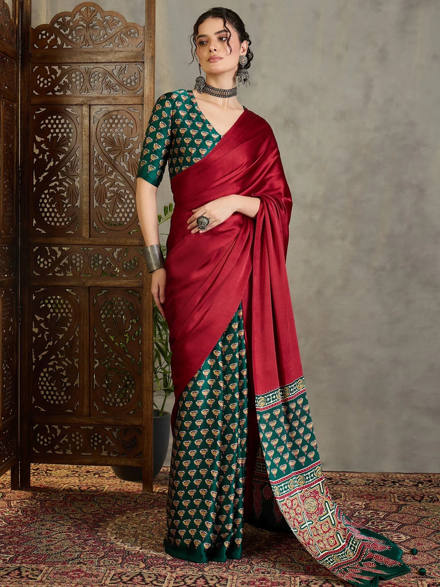 Green Semi Modal Saree With Blouse Piece - EZBER