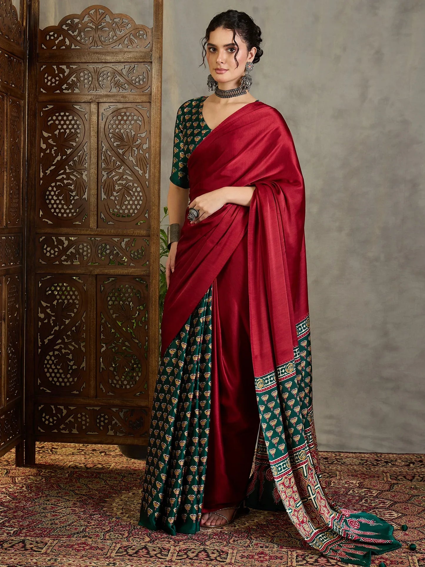 Green Semi Modal Saree With Blouse Piece - EZBER