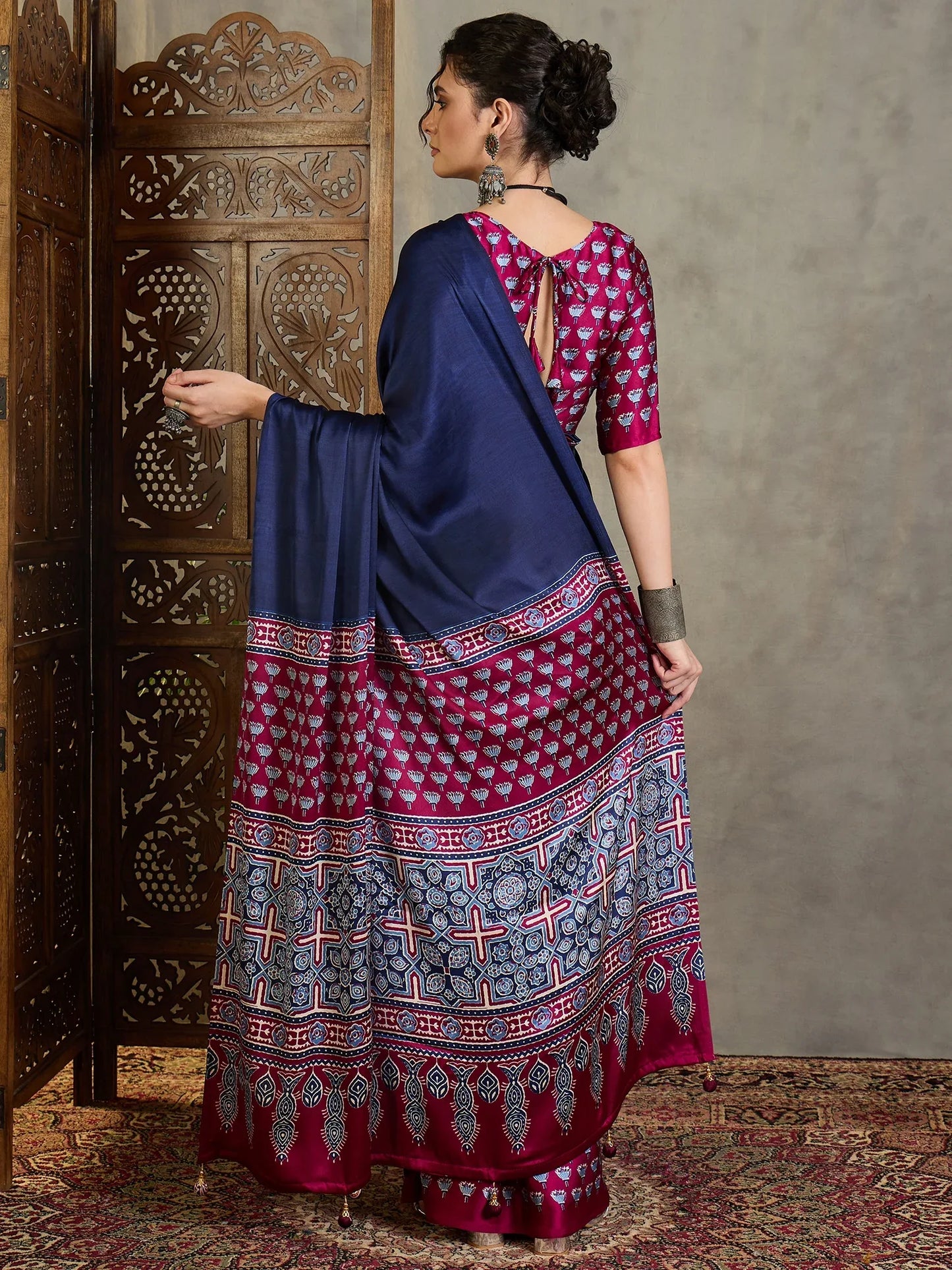 Wine Semi Modal Saree With Blouse Piece - EZBER