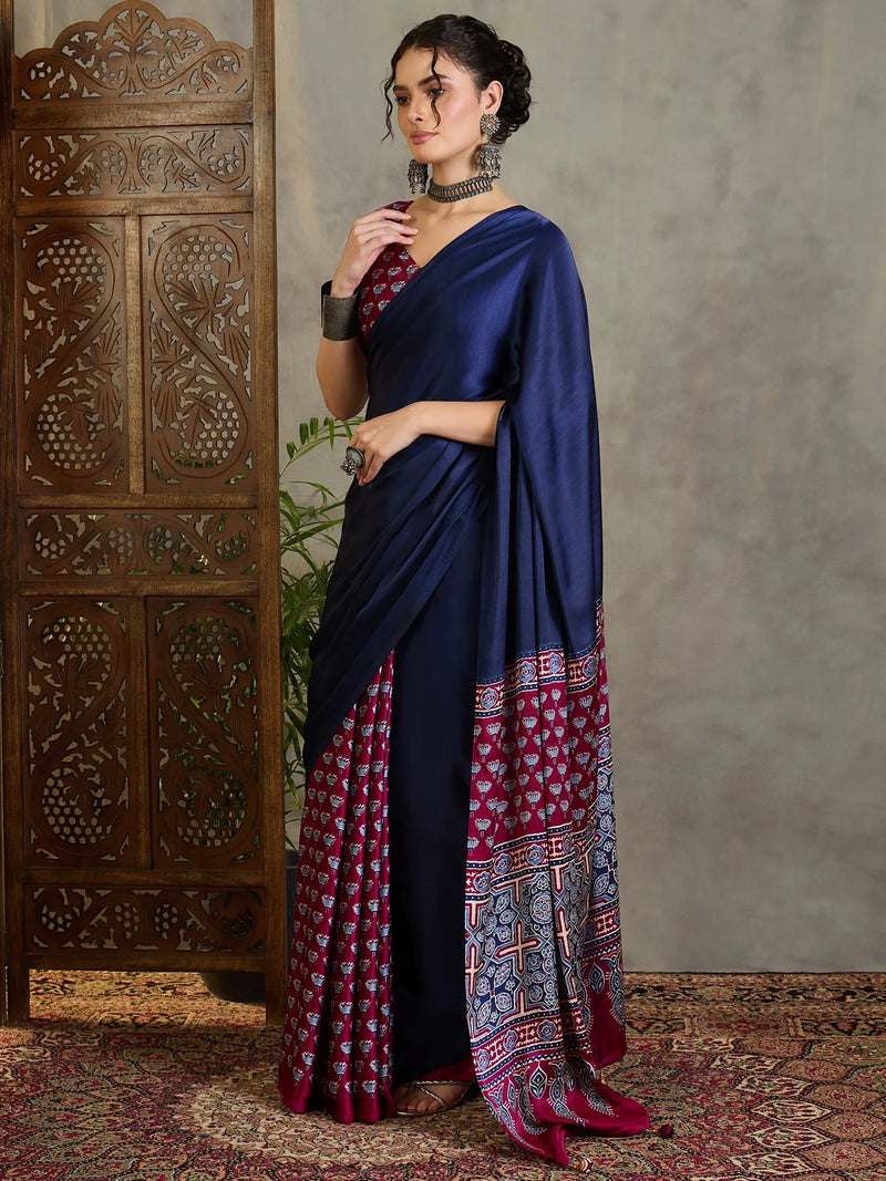 Wine Semi Modal Saree With Blouse Piece - EZBER