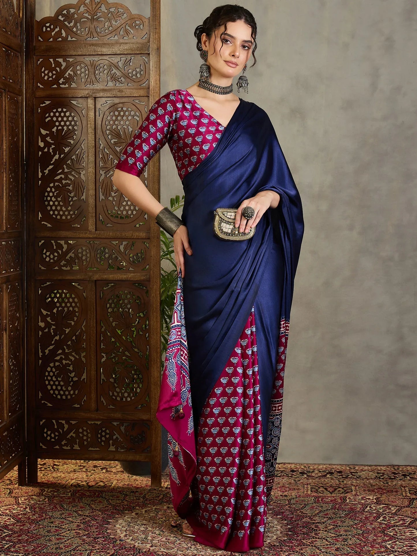 Wine Semi Modal Saree With Blouse Piece - EZBER