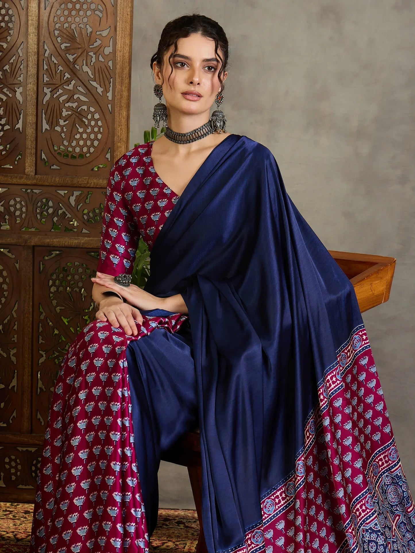 Wine Semi Modal Saree With Blouse Piece - EZBER