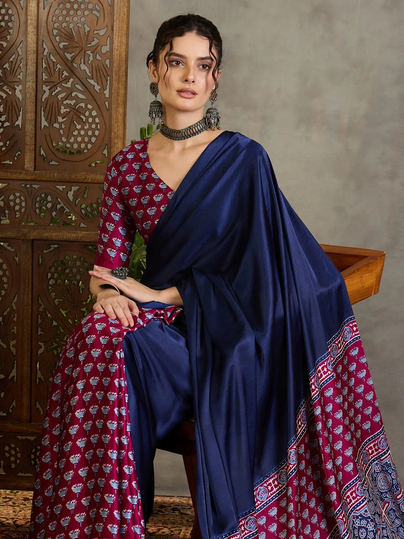 Wine Semi Modal Saree With Blouse Piece - EZBER