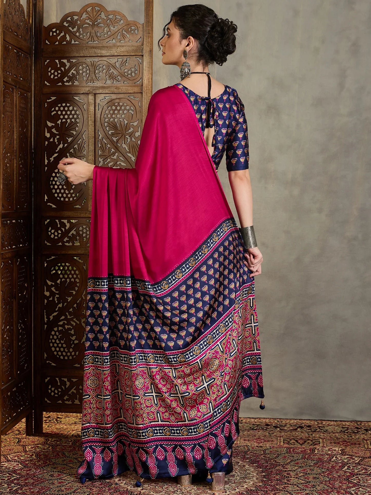 Blue Semi Modal Saree With Blouse Piece - EZBER