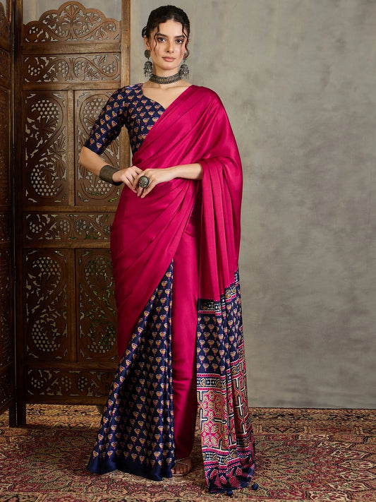 Blue Semi Modal Saree With Blouse Piece - EZBER