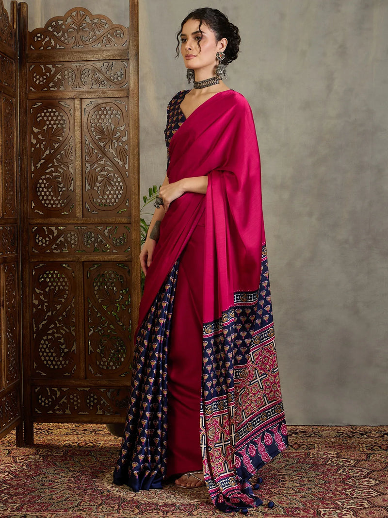 Blue Semi Modal Saree With Blouse Piece - EZBER