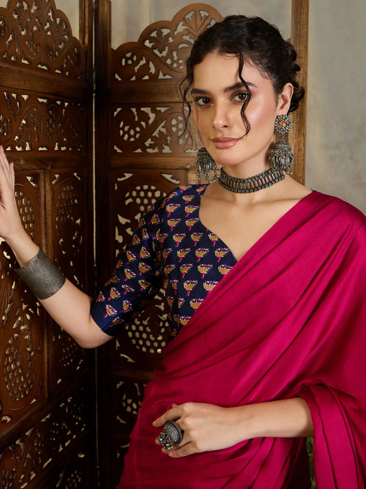 Blue Semi Modal Saree With Blouse Piece - EZBER