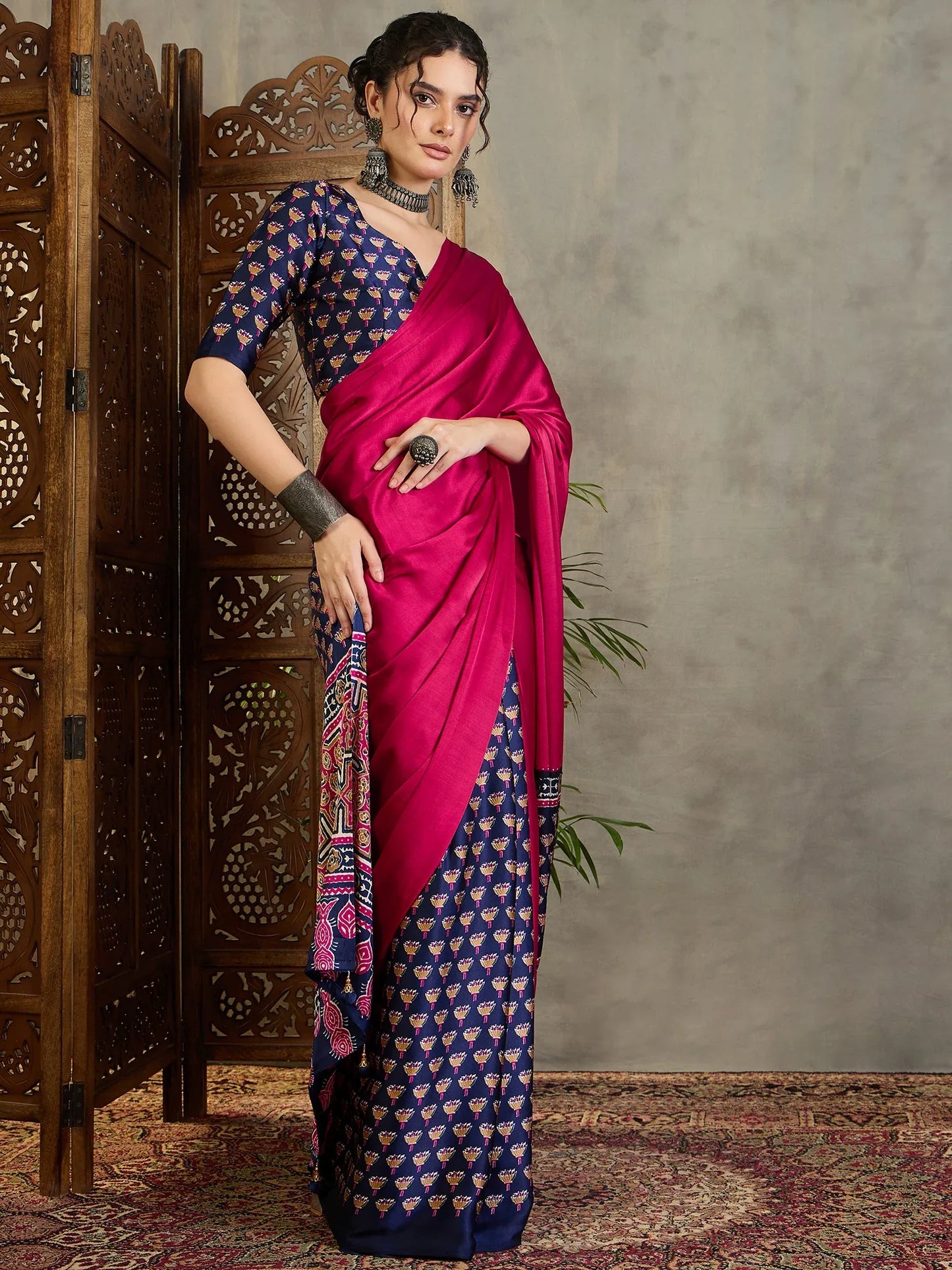 Blue Semi Modal Saree With Blouse Piece - EZBER