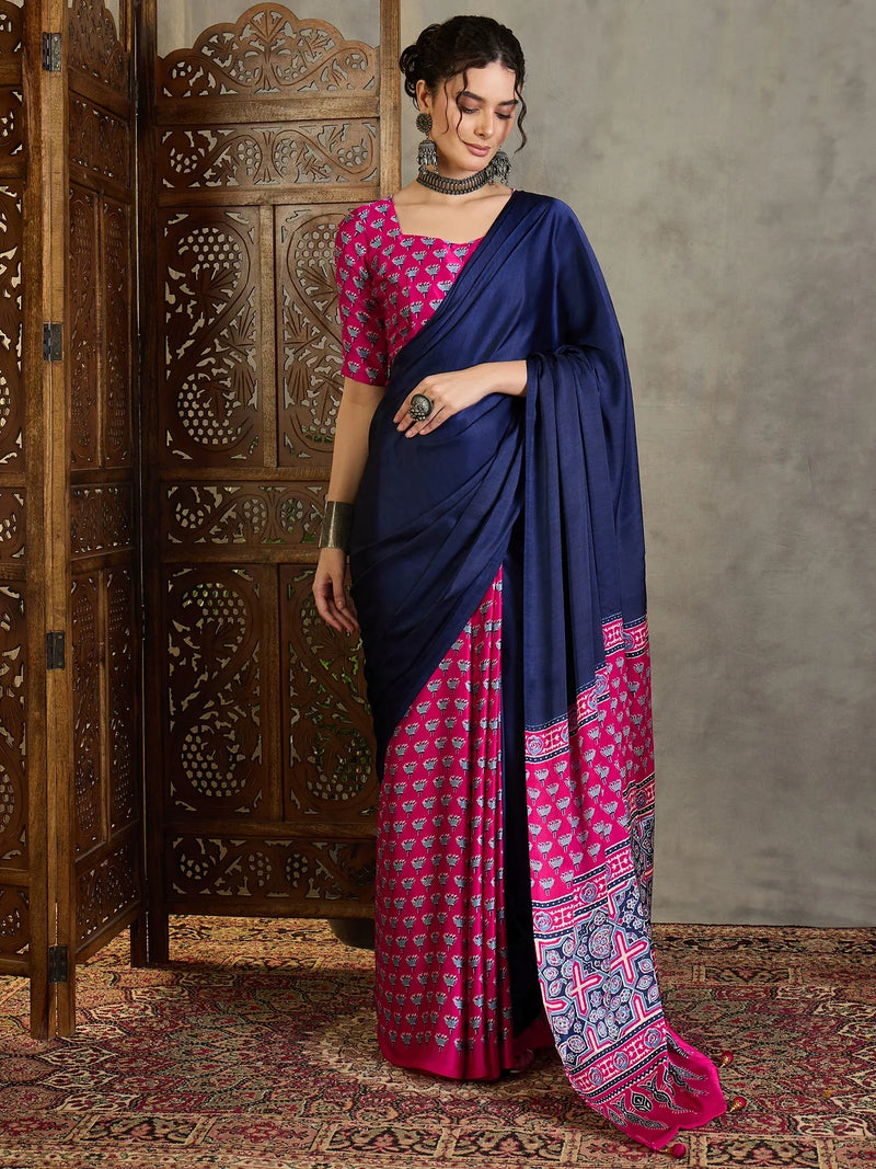 Pink Semi Modal Saree With Blouse Piece - EZBER