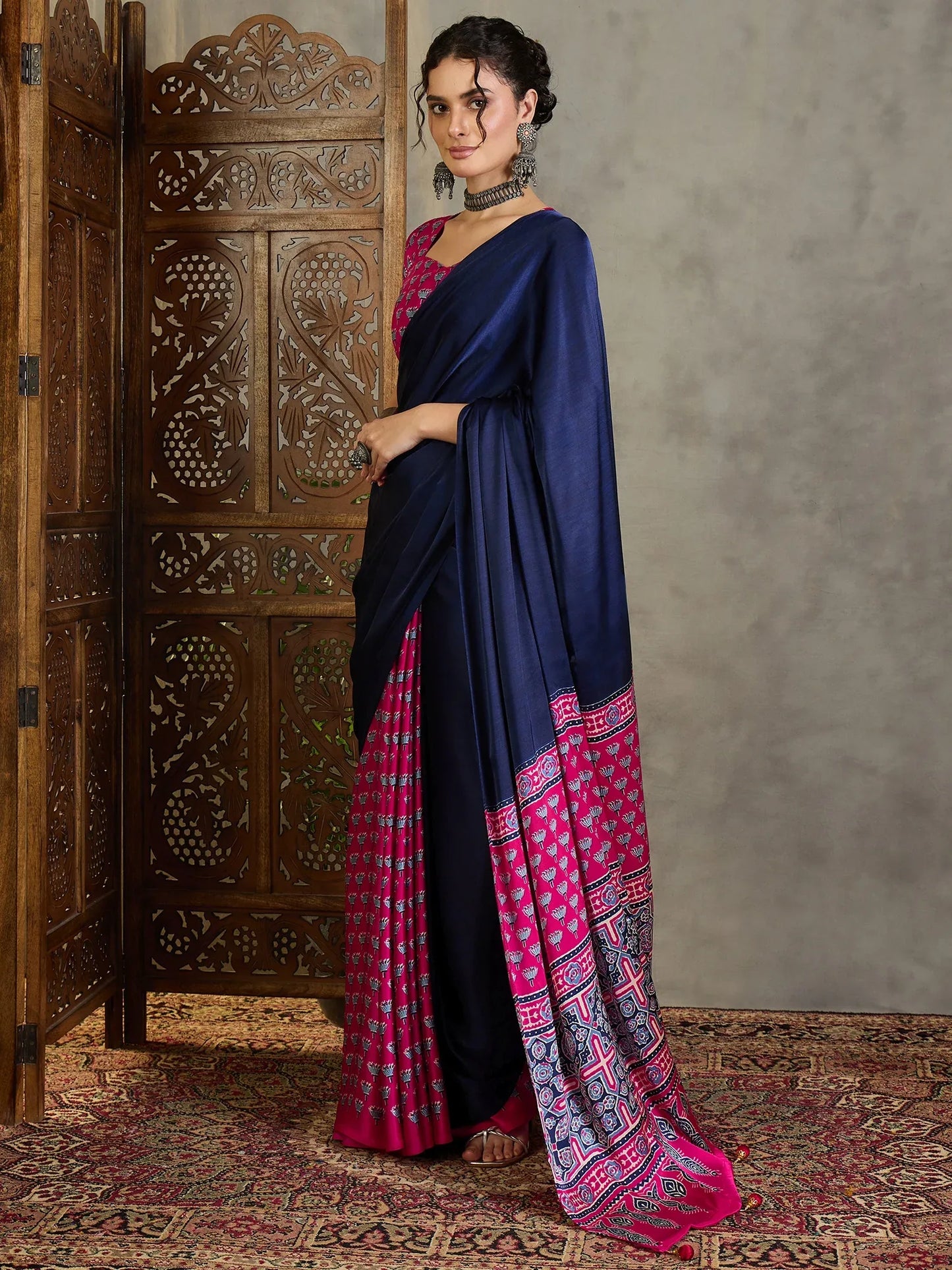 Pink Semi Modal Saree With Blouse Piece - EZBER