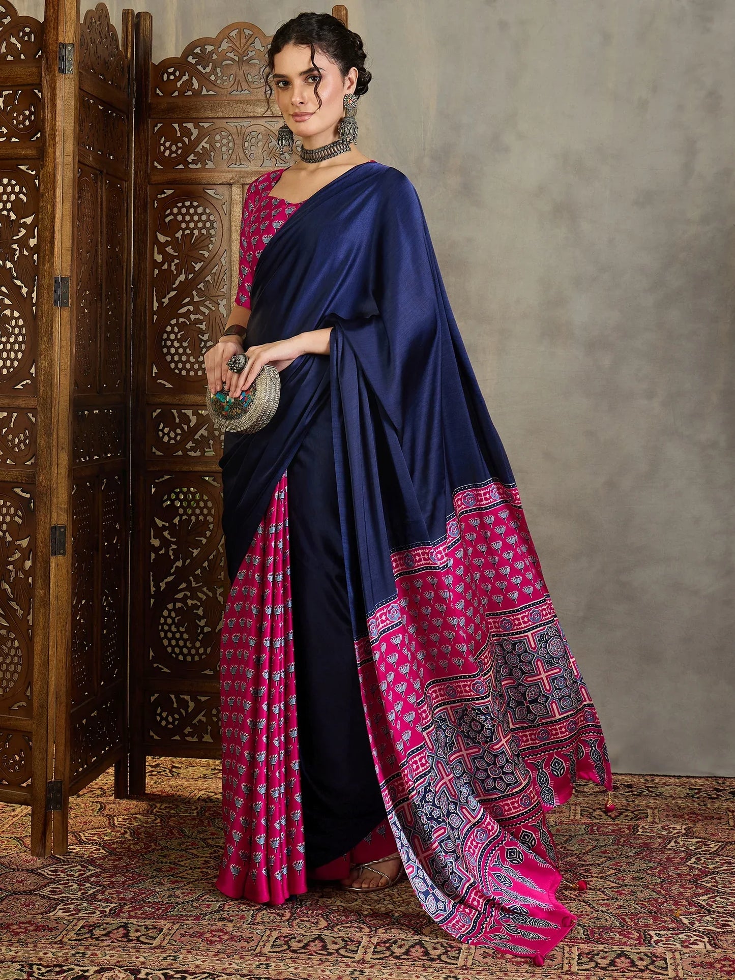 Pink Semi Modal Saree With Blouse Piece - EZBER