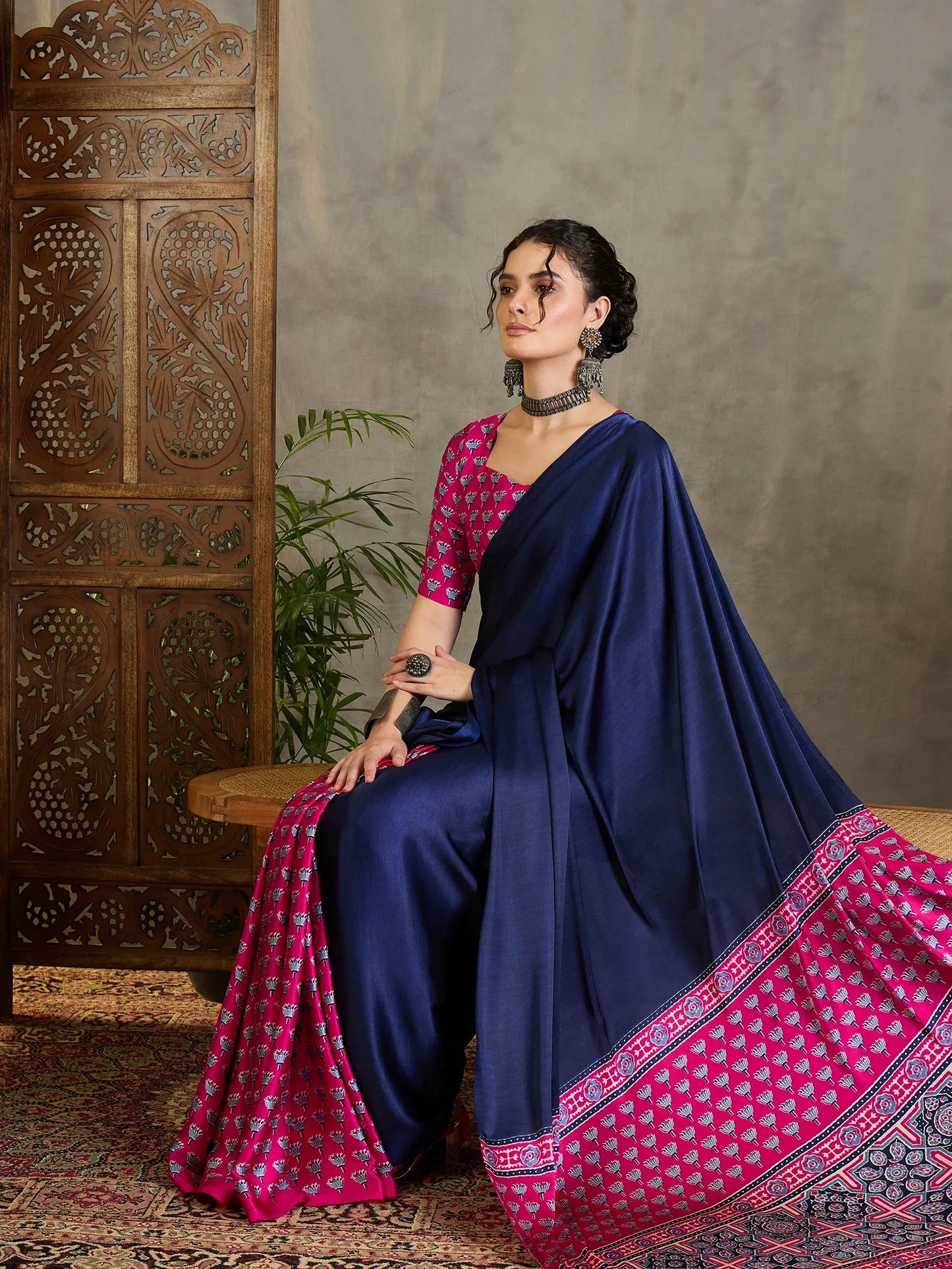 Pink Semi Modal Saree With Blouse Piece - EZBER