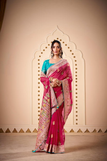 Jimmy Chu Woven Design Butta Work Weaving Handloom Saree With Blouse Piece
