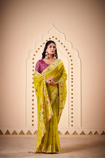 Jimmy Chu Woven Design Butta Work Weaving Handloom Saree With Blouse Piece
