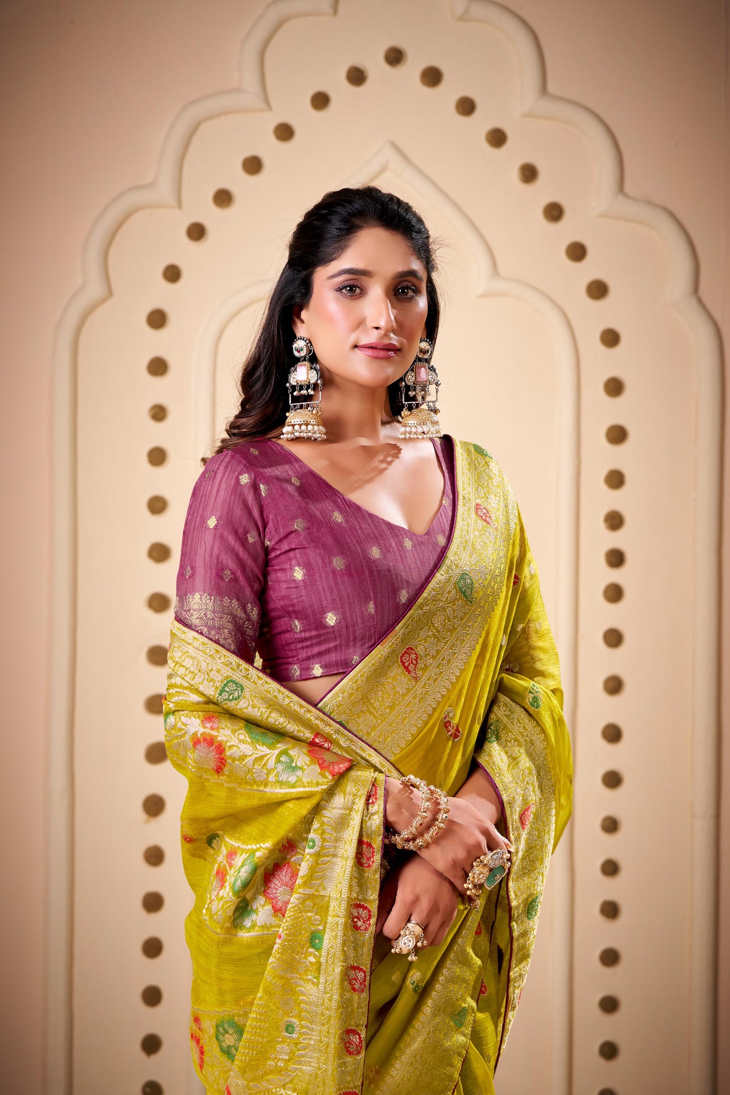 Jimmy Chu Woven Design Butta Work Weaving Handloom Saree With Blouse Piece