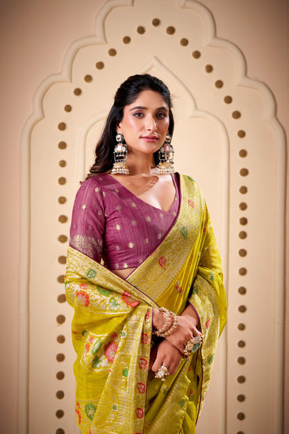 Jimmy Chu Woven Design Butta Work Weaving Handloom Saree With Blouse Piece